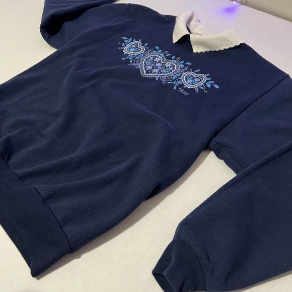 Morning Sun Sweater Collared Pullover M Blue Floral Hearts 80s 90s Grandmacore - Picture 2 of 7